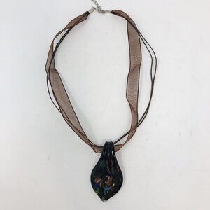 HANDMADE LAMPWORK GLASS PENDANT NECKLACE BOHO BLACK ART GLASS BRONZE SPIRAL 16"